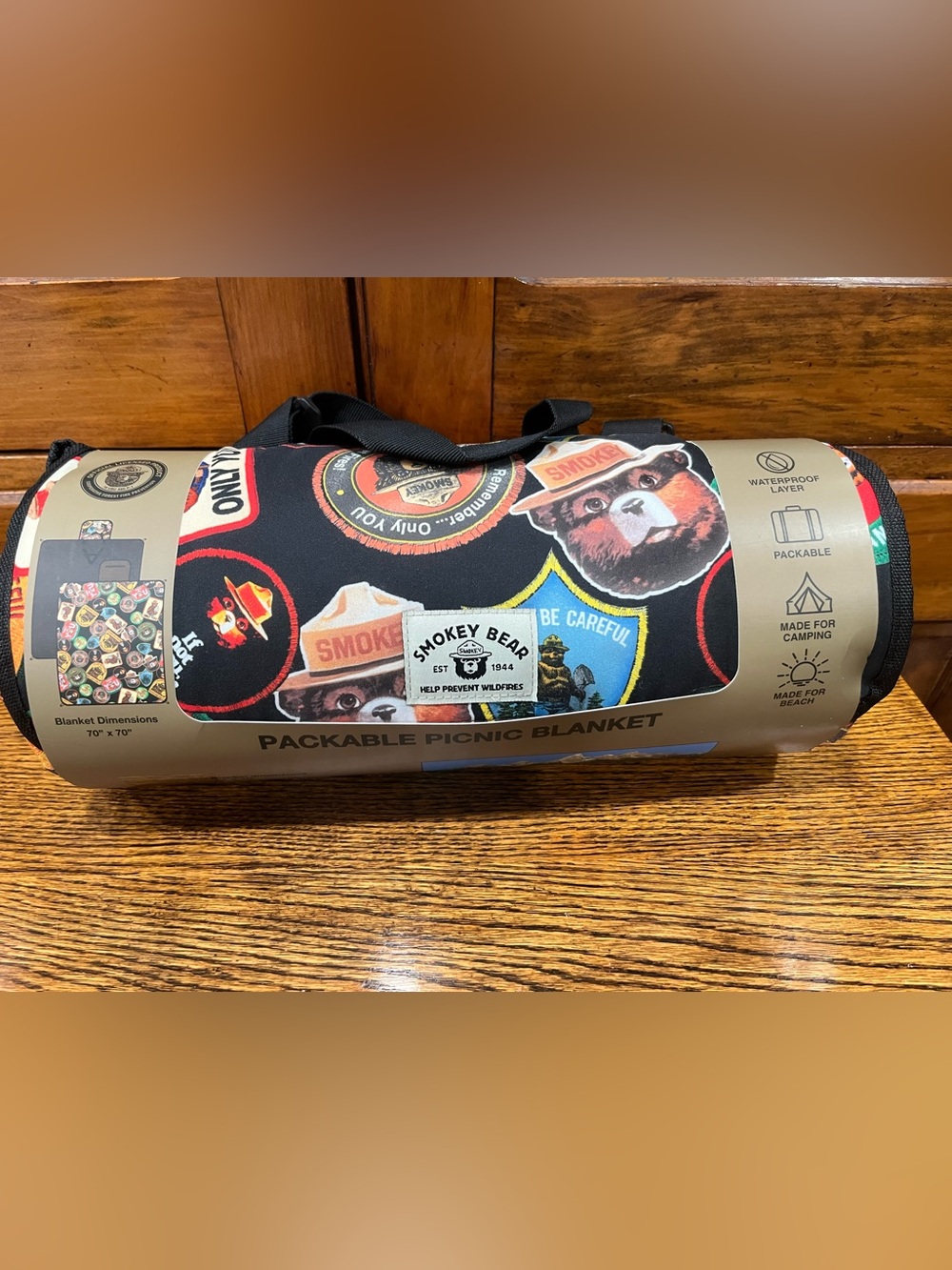 Smokey Bear Retro-Style Packable Picnic Blanket 70" x 70" | Camping & Outdoors